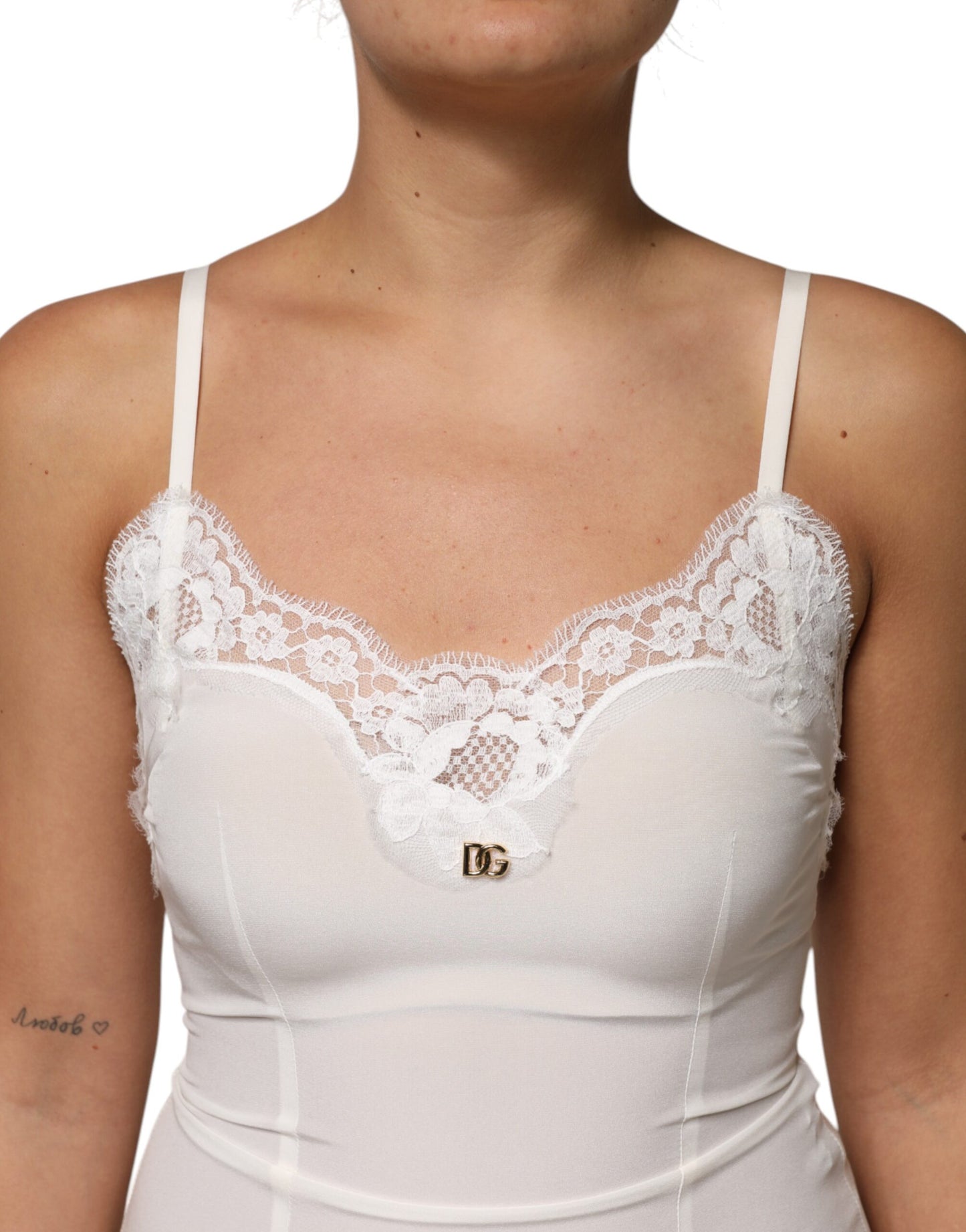 Dolce &amp; Gabbana White Lace Gold DG Logo Silk Dress Sleepwear