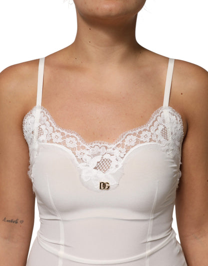 Dolce &amp; Gabbana White Lace Gold DG Logo Silk Dress Sleepwear