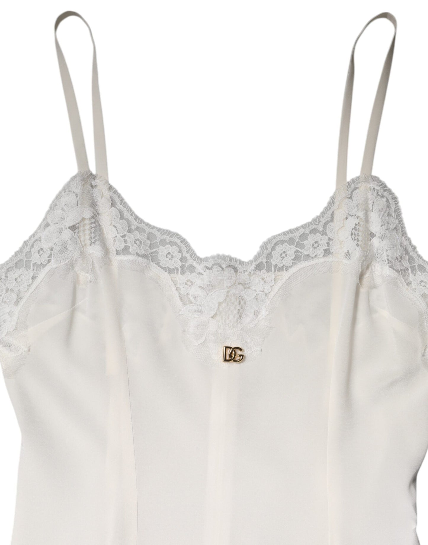 Dolce &amp; Gabbana White Lace Gold DG Logo Silk Dress Sleepwear