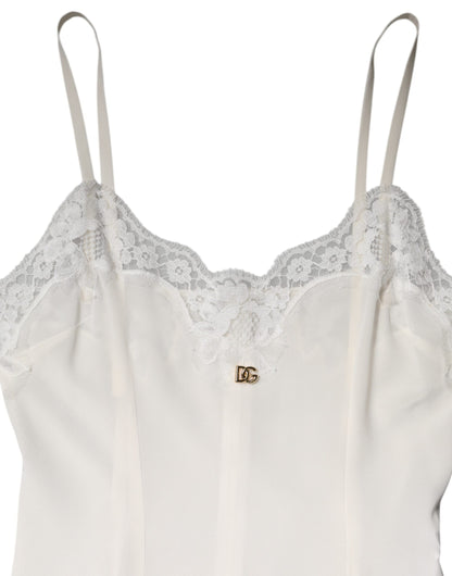 Dolce &amp; Gabbana White Lace Gold DG Logo Silk Dress Sleepwear