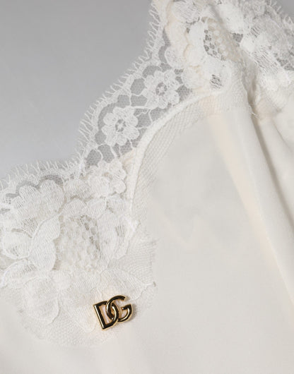 Dolce &amp; Gabbana White Lace Gold DG Logo Silk Dress Sleepwear