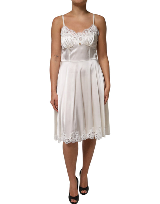 Dolce &amp; Gabbana White Lace DG Logo Silk Dress Sleepwear