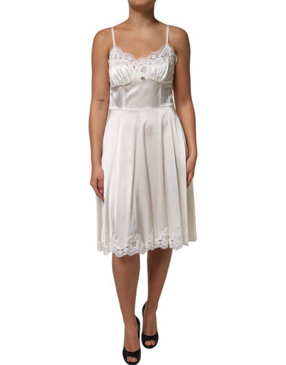 Dolce &amp; Gabbana White Lace DG Logo Silk Dress Sleepwear