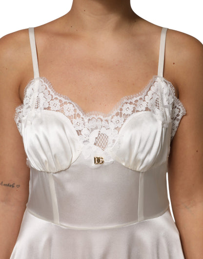 Dolce &amp; Gabbana White Lace DG Logo Silk Dress Sleepwear