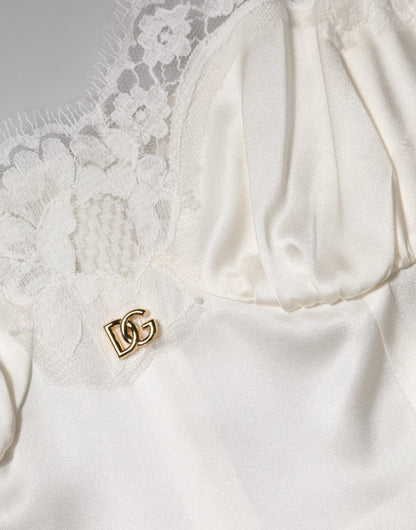 Dolce &amp; Gabbana White Lace DG Logo Silk Dress Sleepwear