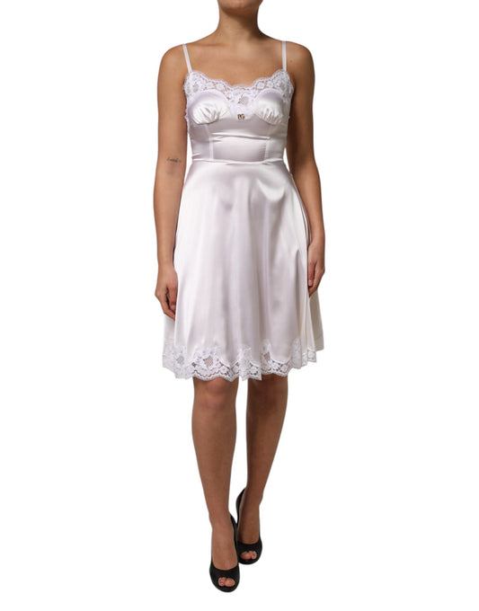 Dolce &amp; Gabbana White Lace Gold DG Logo Silk Dress Sleepwear