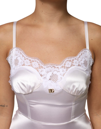 Dolce &amp; Gabbana White Lace Gold DG Logo Silk Dress Sleepwear