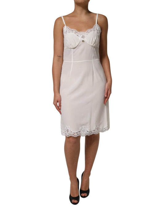 Dolce &amp; Gabbana White Lace Gold DG Logo Silk Dress Sleepwear