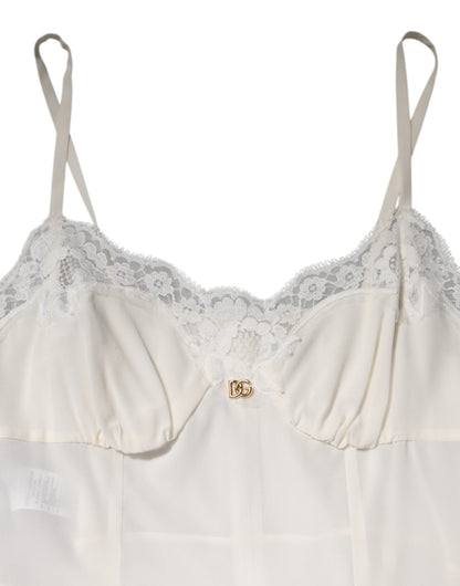 Dolce &amp; Gabbana White Lace Gold DG Logo Silk Dress Sleepwear