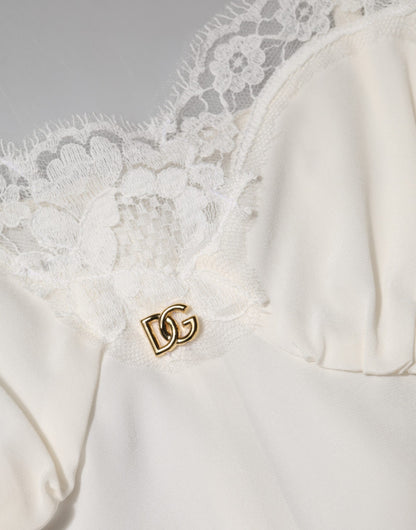 Dolce &amp; Gabbana White Lace Gold DG Logo Silk Dress Sleepwear