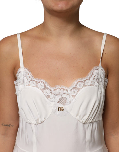 Dolce &amp; Gabbana White Lace Gold DG Logo Silk Dress Sleepwear