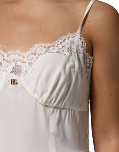 Dolce &amp; Gabbana White Lace Gold DG Logo Silk Dress Sleepwear