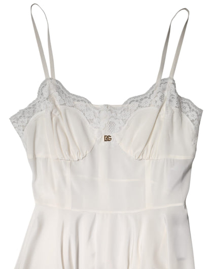 Dolce &amp; Gabbana White Lace Gold DG Logo Silk Dress Sleepwear