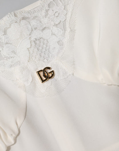 Dolce &amp; Gabbana White Lace Gold DG Logo Silk Dress Sleepwear