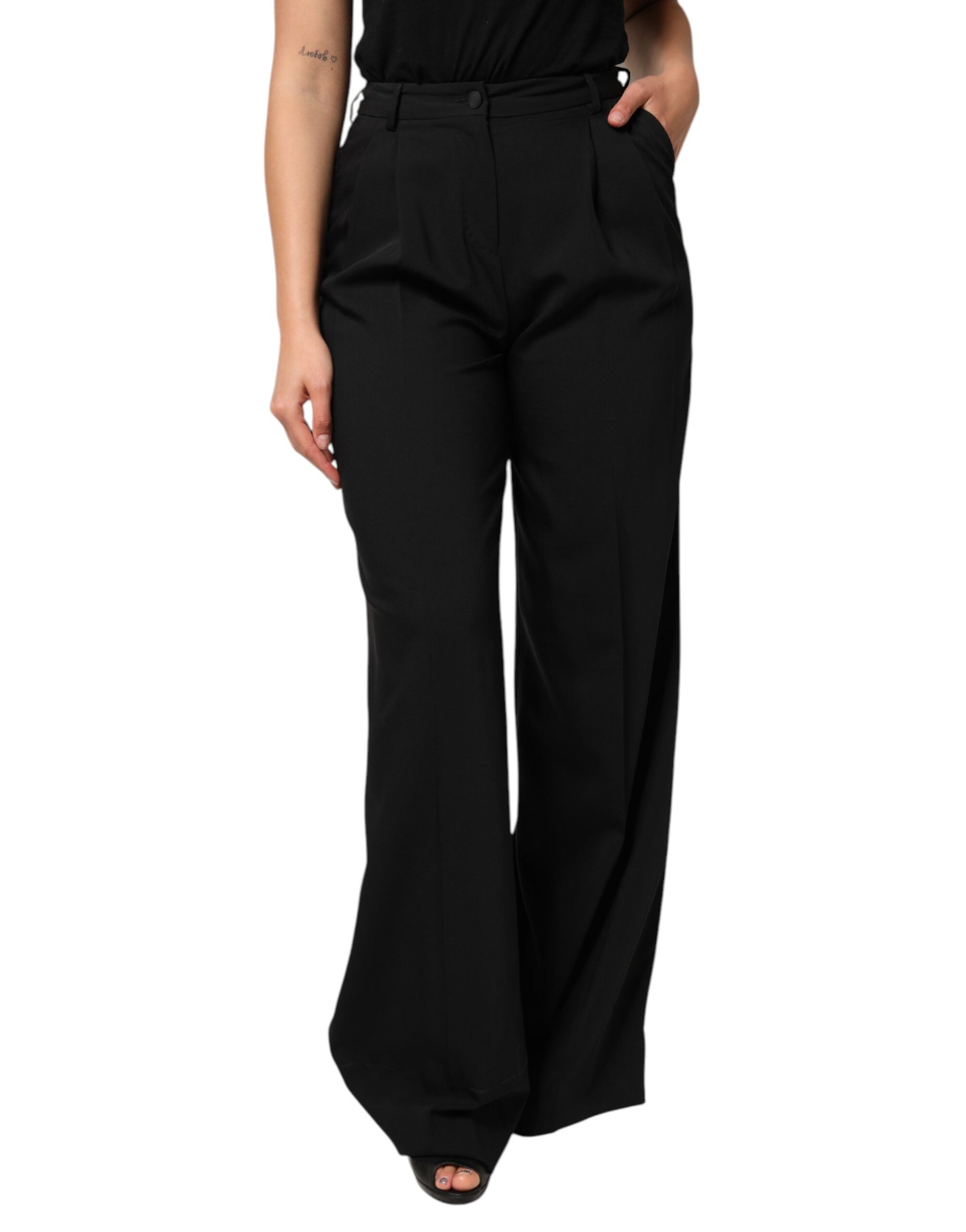 Dolce & Gabbana Black Wool High Waist Wide Leg Pants by Dolce & Gabbana