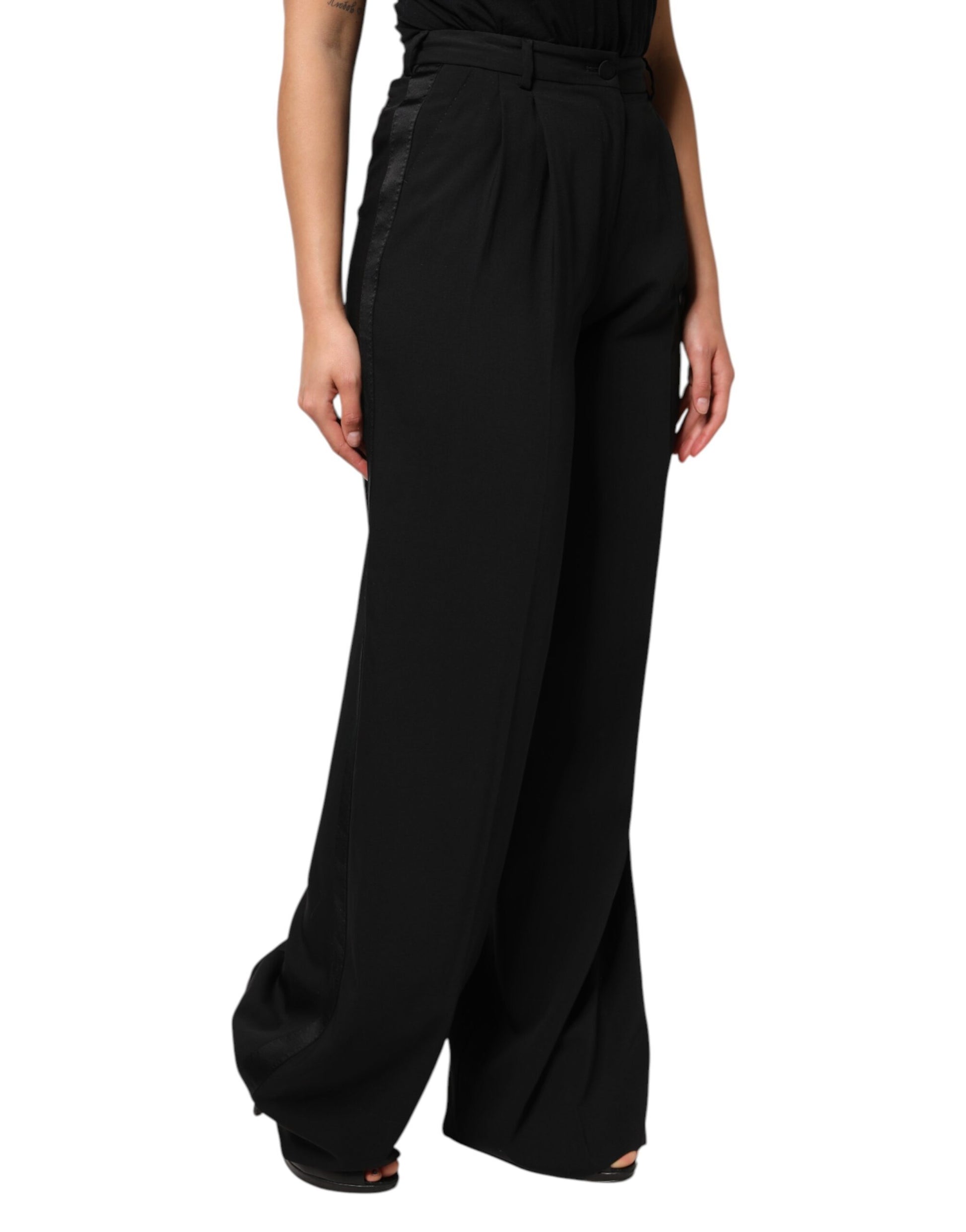 Dolce & Gabbana Black Wool High Waist Wide Leg Pants by Dolce & Gabbana