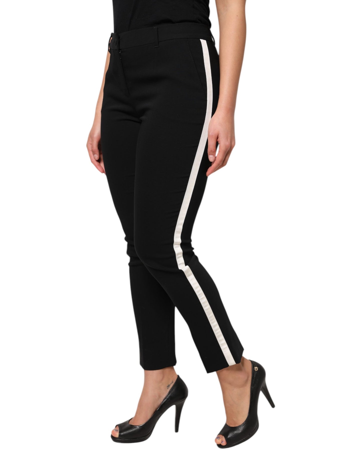 Dolce & Gabbana Black Wool High Waist Tapered Pants by Dolce & Gabbana