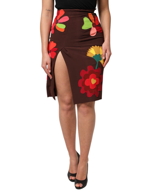 Dolce &amp; Gabbana Brown Floral High Waist Side Slit Skirt