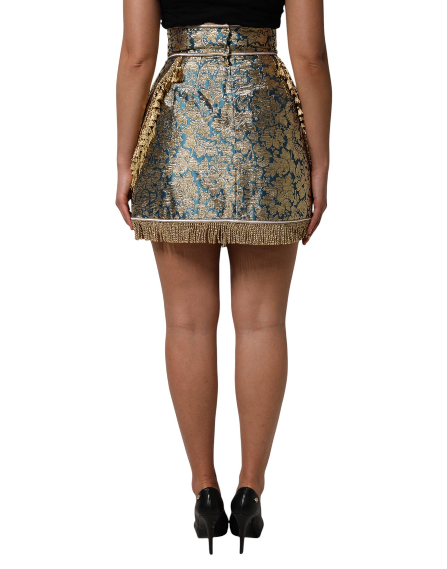 Dolce &amp; Gabbana Blue Floral Jacquard Tasseled Mini Skirt
