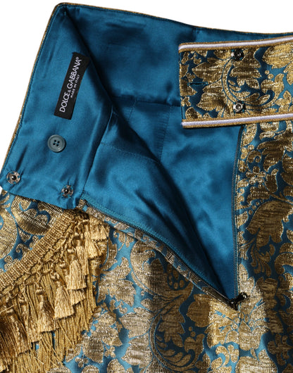 Dolce &amp; Gabbana Blue Floral Jacquard Tasseled Mini Skirt