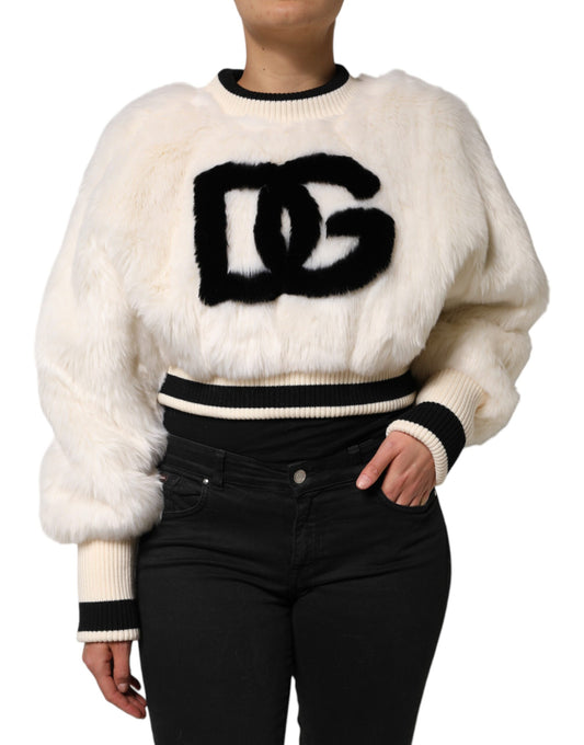 Dolce & Gabbana White Cropped Faux Fur DG Sweatshirt Sweater by Dolce & Gabbana