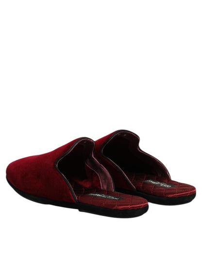 Dolce &amp; Gabbana Red Viscose Velvet Slides Flat Slipper Shoes