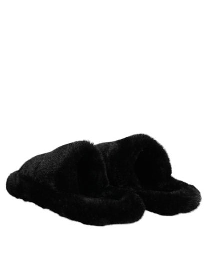 Dolce &amp; Gabbana Black Polyester Velvet Slides Slipper Shoes