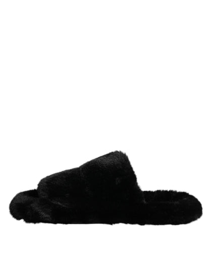 Dolce &amp; Gabbana Black Polyester Velvet Slides Slipper Shoes