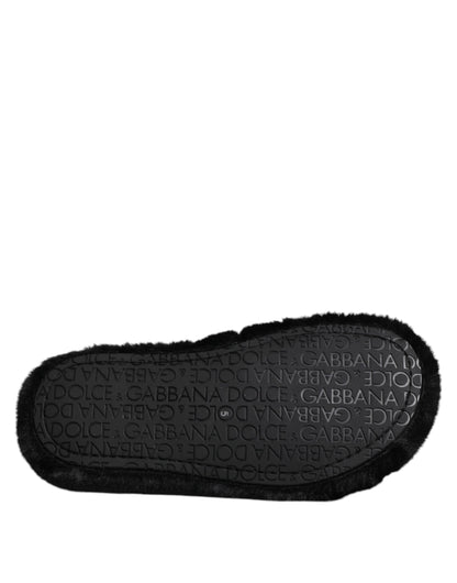Dolce &amp; Gabbana Black Polyester Velvet Slides Slipper Shoes