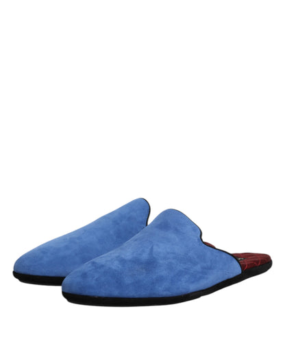 Dolce &amp; Gabbana Blue Suede Capra Slides Flat Slipper Shoes
