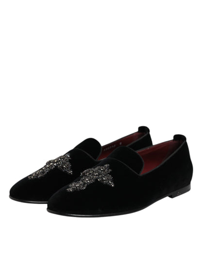 Dolce &amp; Gabbana Black Velvet Embellished Loafer Slip On Shoes
