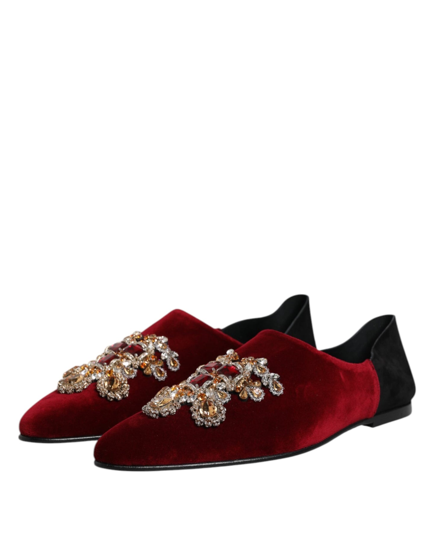 Dolce &amp; Gabbana Black Red Velvet Embellished Slip On Shoes