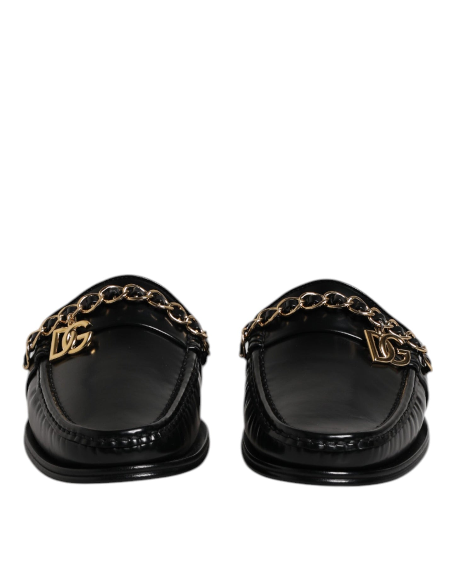Dolce &amp; Gabbana Black Leather DG Chain Embellished Sandals Shoes