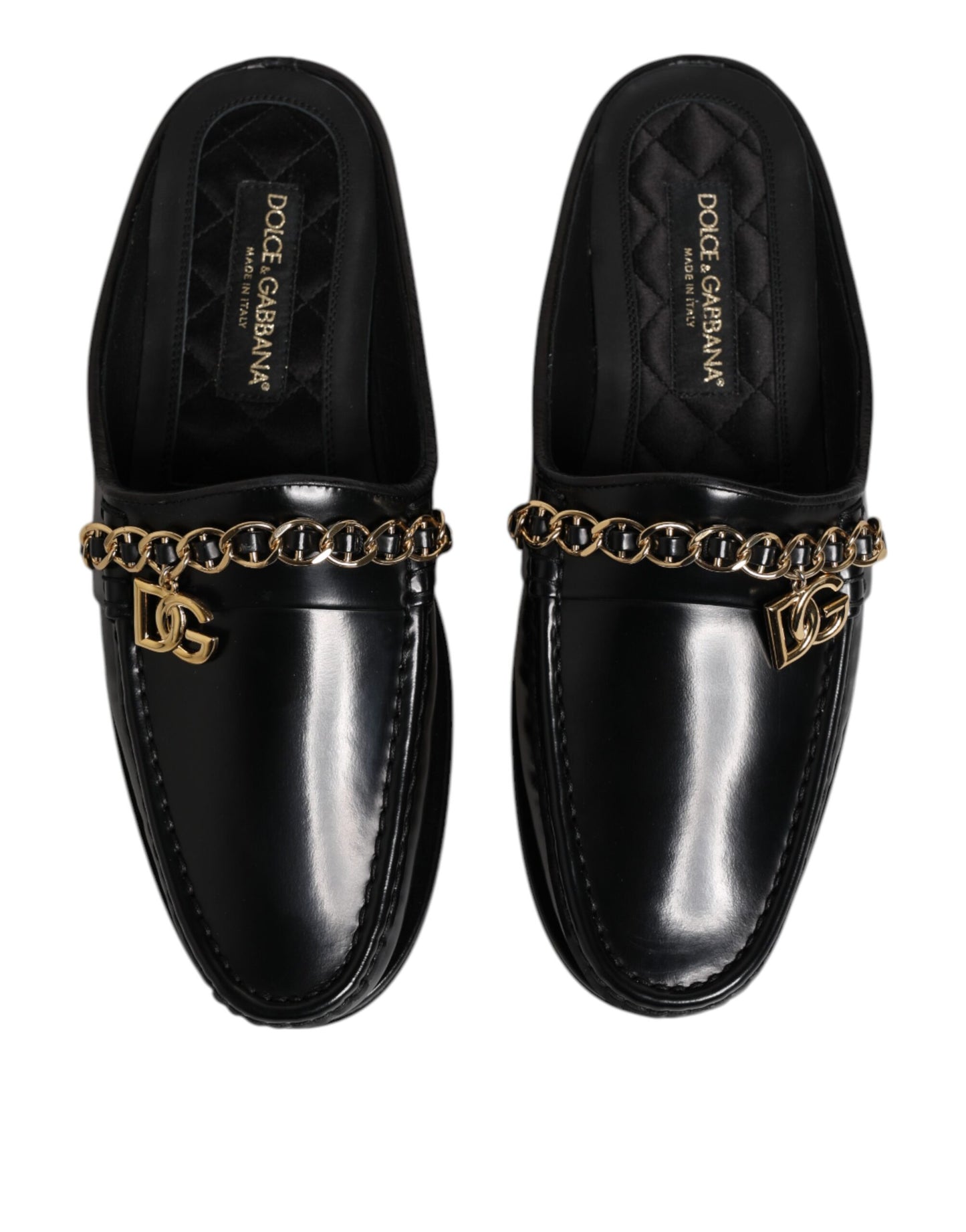 Dolce &amp; Gabbana Black Leather DG Chain Embellished Sandals Shoes