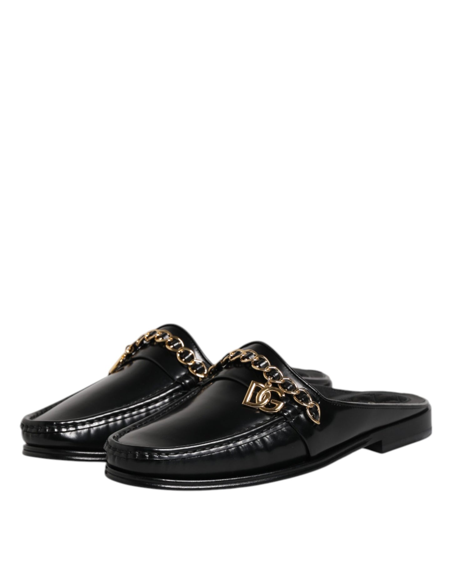 Dolce &amp; Gabbana Black Leather DG Chain Embellished Sandals Shoes