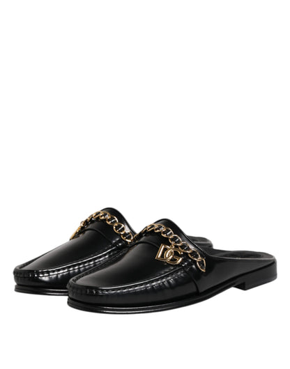 Dolce &amp; Gabbana Black Leather DG Chain Embellished Sandals Shoes