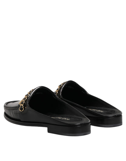 Dolce &amp; Gabbana Black Leather DG Chain Embellished Sandals Shoes