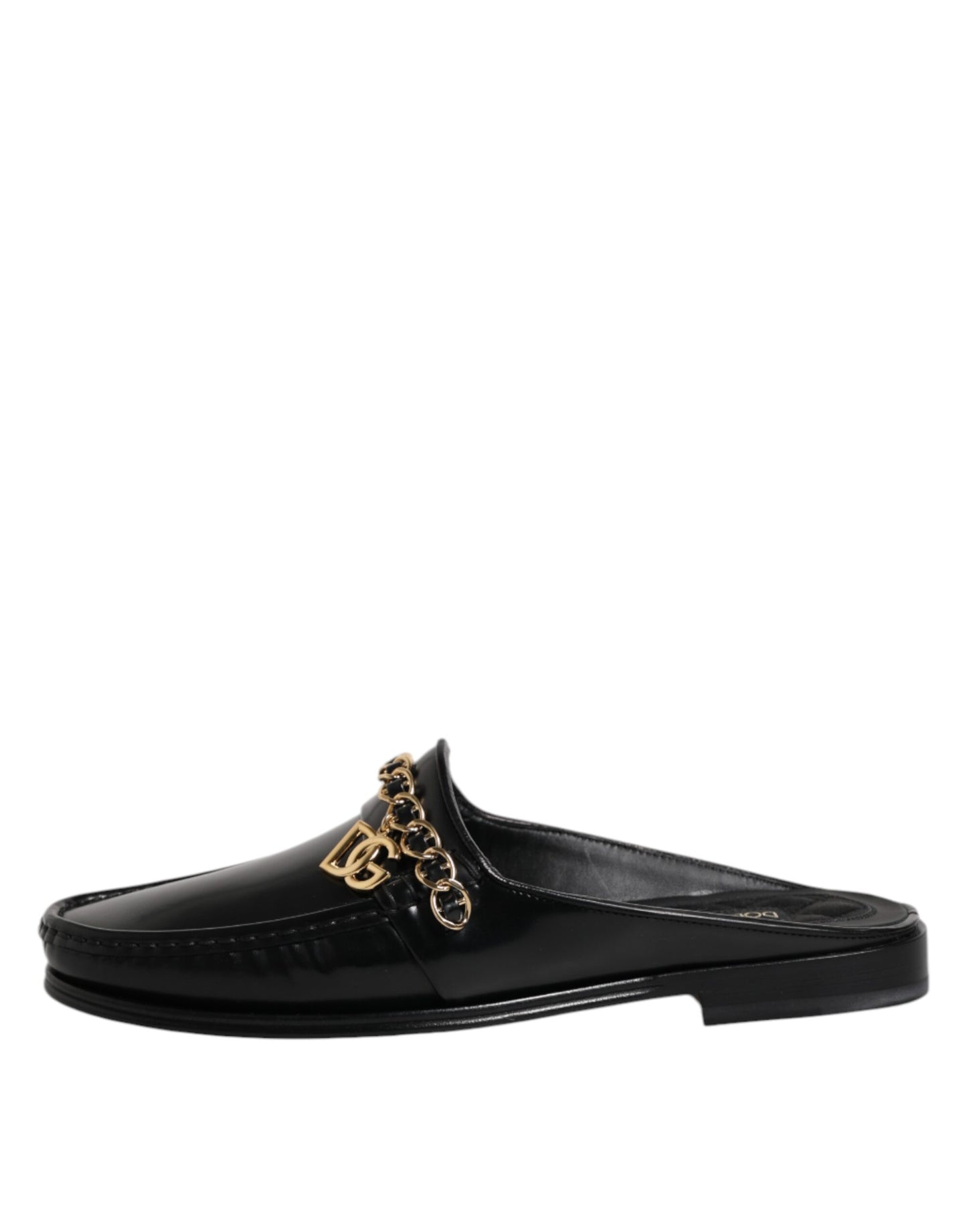 Dolce &amp; Gabbana Black Leather DG Chain Embellished Sandals Shoes