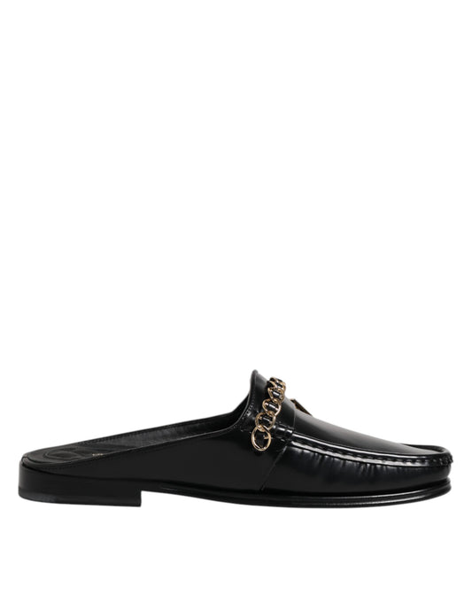 Dolce &amp; Gabbana Black Leather DG Chain Embellished Sandals Shoes