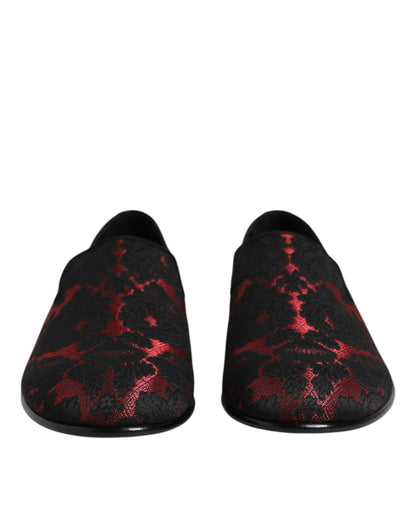 Dolce &amp; Gabbana Red Black Jacquard Slip On Men Loafers Shoes