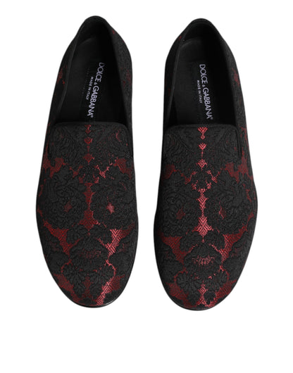 Dolce &amp; Gabbana Red Black Jacquard Slip On Men Loafers Shoes