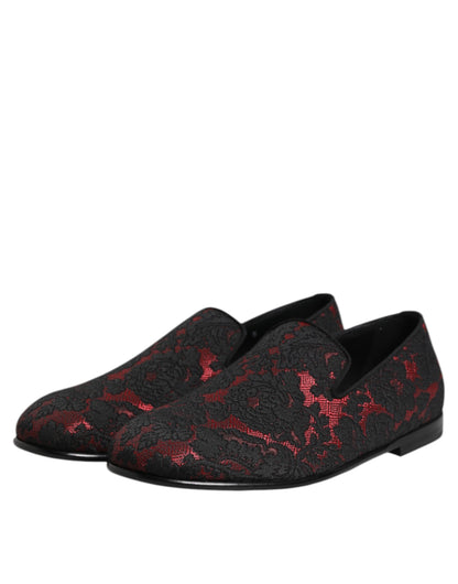 Dolce &amp; Gabbana Red Black Jacquard Slip On Men Loafers Shoes