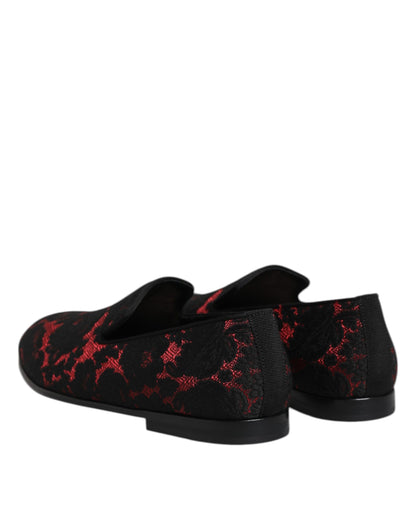 Dolce &amp; Gabbana Red Black Jacquard Slip On Men Loafers Shoes