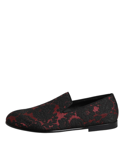 Dolce &amp; Gabbana Red Black Jacquard Slip On Men Loafers Shoes