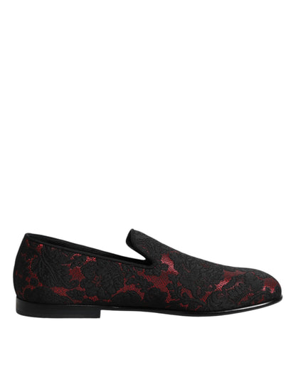 Dolce &amp; Gabbana Red Black Jacquard Slip On Men Loafers Shoes