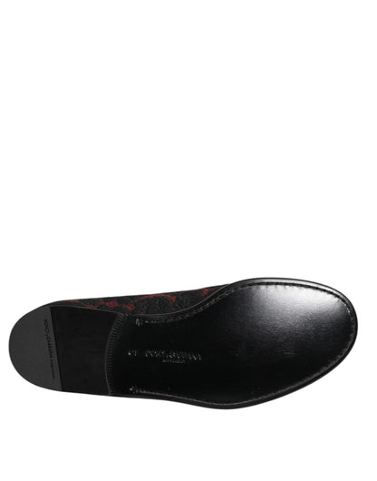 Dolce &amp; Gabbana Red Black Jacquard Slip On Men Loafers Shoes