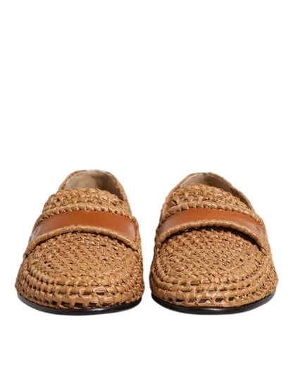 Dolce &amp; Gabbana Brown Woven Raffia Slip On Loafers Shoes