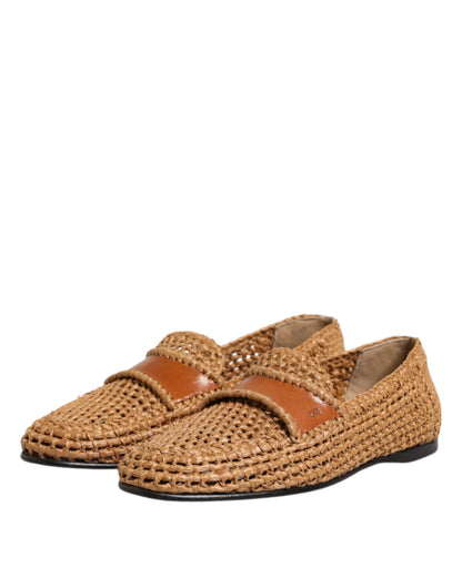 Dolce &amp; Gabbana Brown Woven Raffia Slip On Loafers Shoes