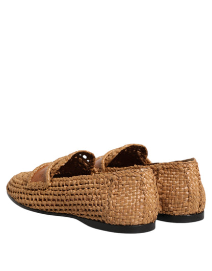 Dolce &amp; Gabbana Brown Woven Raffia Slip On Loafers Shoes