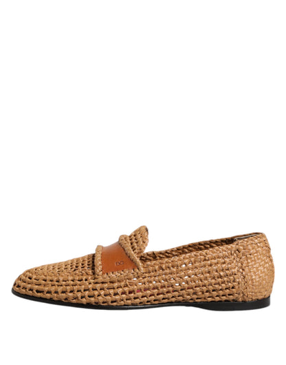 Dolce &amp; Gabbana Brown Woven Raffia Slip On Loafers Shoes